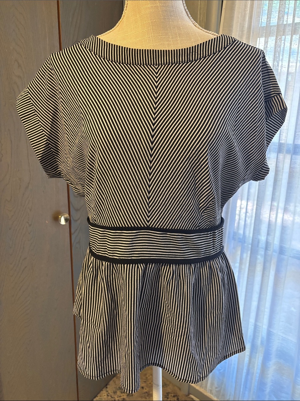 Monteau Los Angeles Striped Peplum Top Blouse Elastic Waist Business Casual